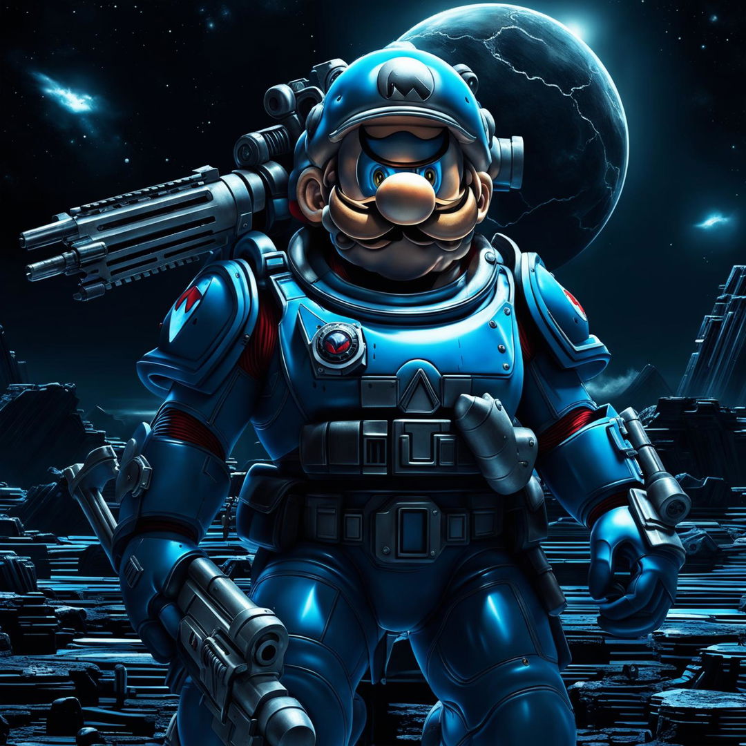 Digital art of Mario from Nintendo reimagined as a space marine in futuristic armor, standing on an alien landscape with a plasma rifle.