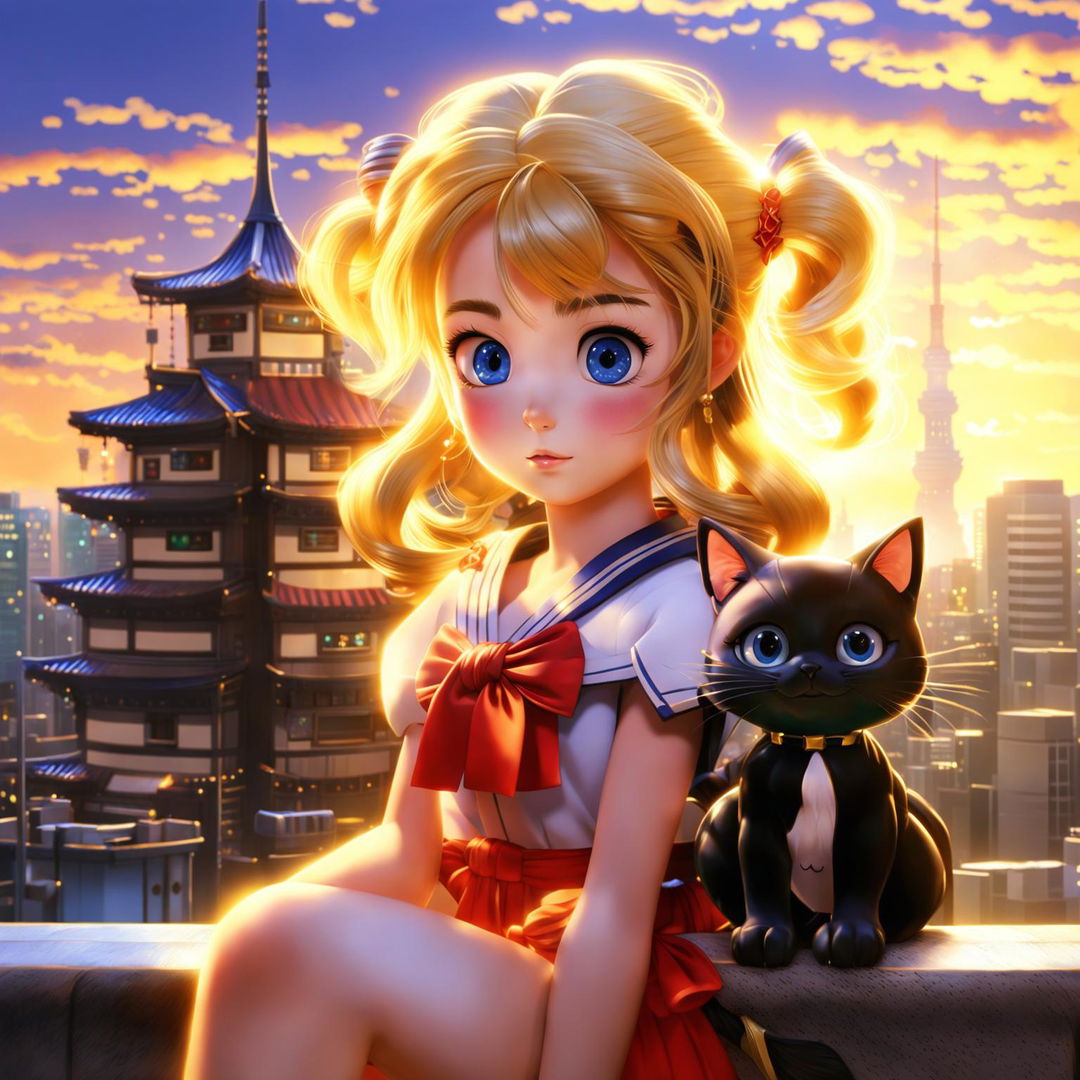 Sailor Moon and Luna from Sailor Moon series reimagined as Pixar characters against a cityscape during twilight.