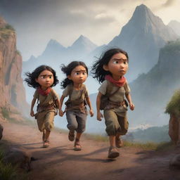 Adventure scene with three characters named Raka, Dika, and Lina bravely facing various dangers and obstacles as they journey through a treacherous landscape.