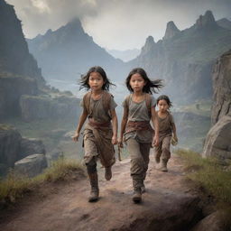 Adventure scene with three characters named Raka, Dika, and Lina bravely facing various dangers and obstacles as they journey through a treacherous landscape.