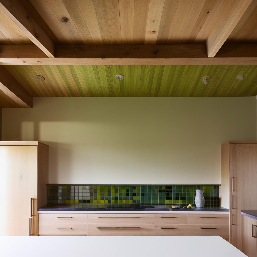 A architecturally designed kitchen with a green tiled splash back and timber ceiling. Architectural photography.