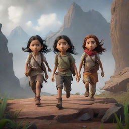 Adventure scene with three characters named Raka, Dika, and Lina bravely facing various dangers and obstacles as they journey through a treacherous landscape.