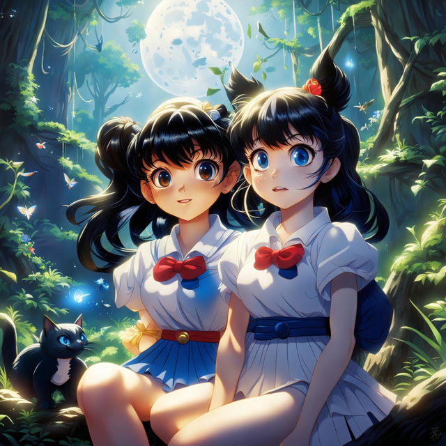 Sailor Moon and Luna in a Pixar-style forest setting with magical elements.