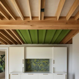 A architecturally designed kitchen with a green tiled splash back and timber ceiling. Architectural photography.