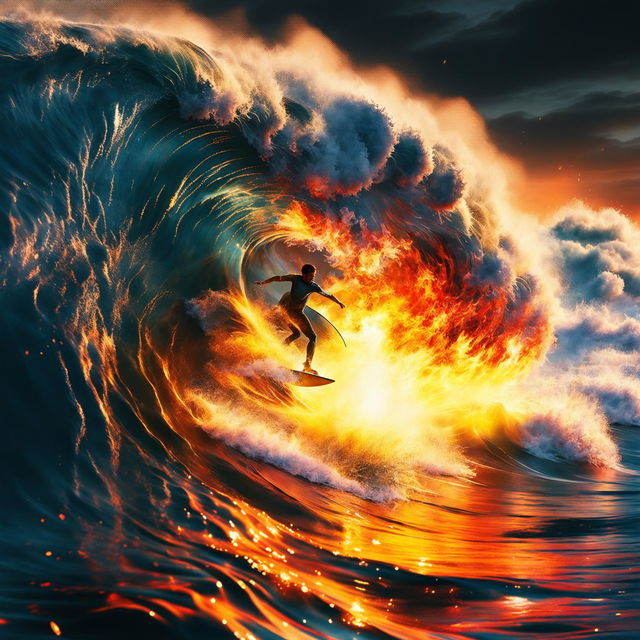 A surfer riding a flaming wave, creating a mind-blowing scene.