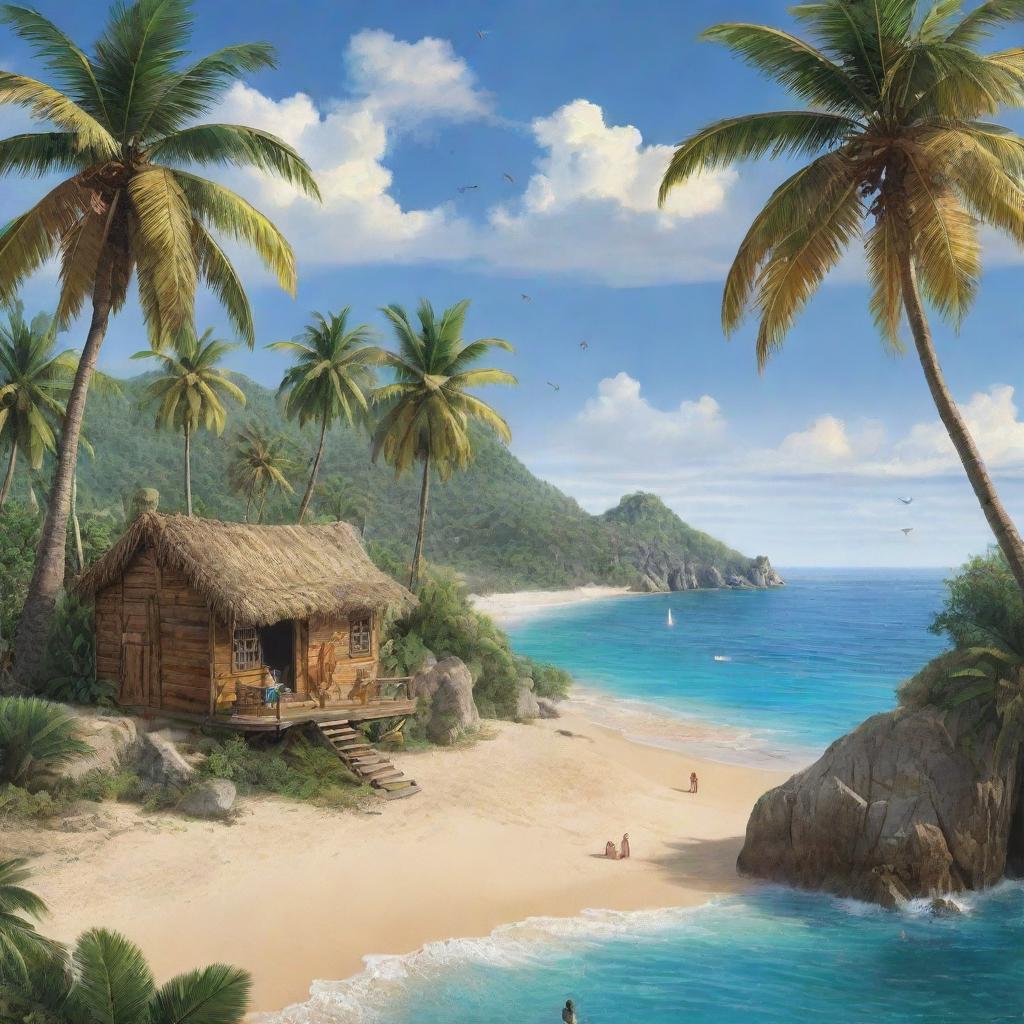 A thrilling dream scene of a treasure hunt on an exotic island, complete with palm trees, golden beaches, and a hidden treasure.