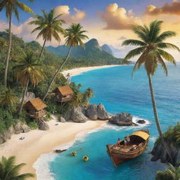 A thrilling dream scene of a treasure hunt on an exotic island, complete with palm trees, golden beaches, and a hidden treasure.