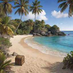 A thrilling dream scene of a treasure hunt on an exotic island, complete with palm trees, golden beaches, and a hidden treasure.