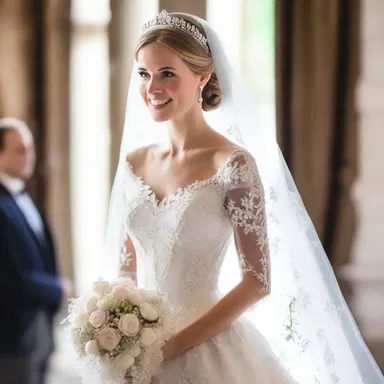 The princess's wedding gown was adorned with delicate passementerie, adding a touch of romance to her bridal look.