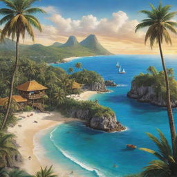 A thrilling dream scene of a treasure hunt on an exotic island, complete with palm trees, golden beaches, and a hidden treasure.