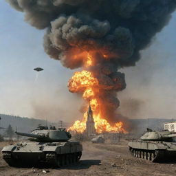 A war scene with tanks, a nuclear explosion in the background, a church on fire, and a UFO in the sky.