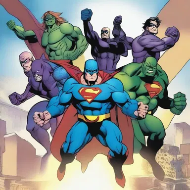 In the superhero comics, the septuple team of heroes joined forces to defeat the supervillain.