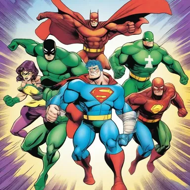 In the superhero comics, the septuple team of heroes joined forces to defeat the supervillain.