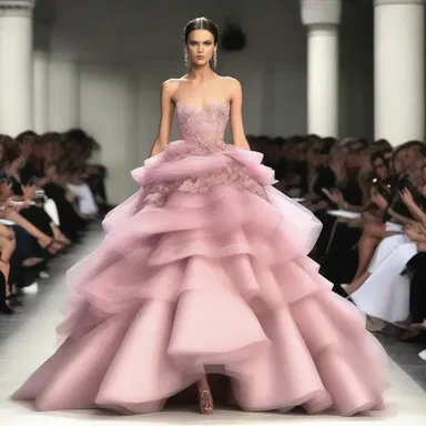The fashion designer showcased a septuple-layered gown on the runway, creating a stunning and extravagant look.