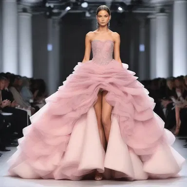 The fashion designer showcased a septuple-layered gown on the runway, creating a stunning and extravagant look.