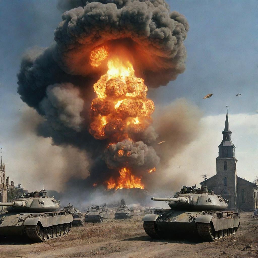 A war scene with tanks, a nuclear explosion in the background, a church on fire, and a UFO in the sky.