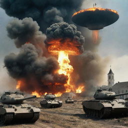 A war scene with tanks, a nuclear explosion in the background, a church on fire, and a UFO in the sky.