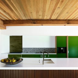 A architecturally designed kitchen with a green tiled splash back and timber ceiling. Architectural photography.