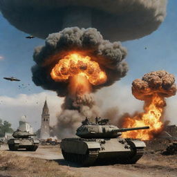 A war scene with tanks, a nuclear explosion in the background, a church on fire, and a UFO in the sky.