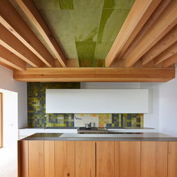 A architecturally designed kitchen with a green tiled splash back and timber ceiling. Architectural photography.