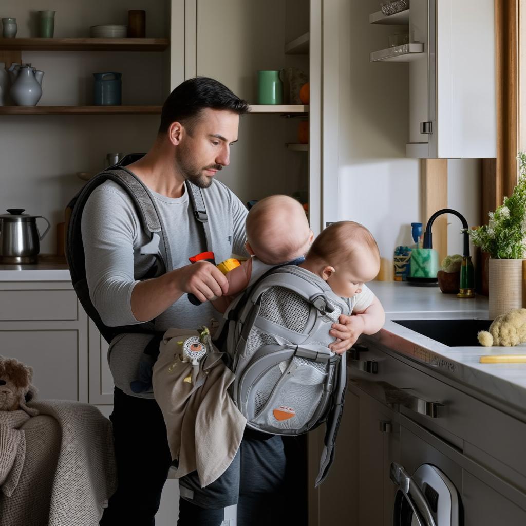 The idealized man, now engrossed in doing household chores, all while carrying a baby in a front pack