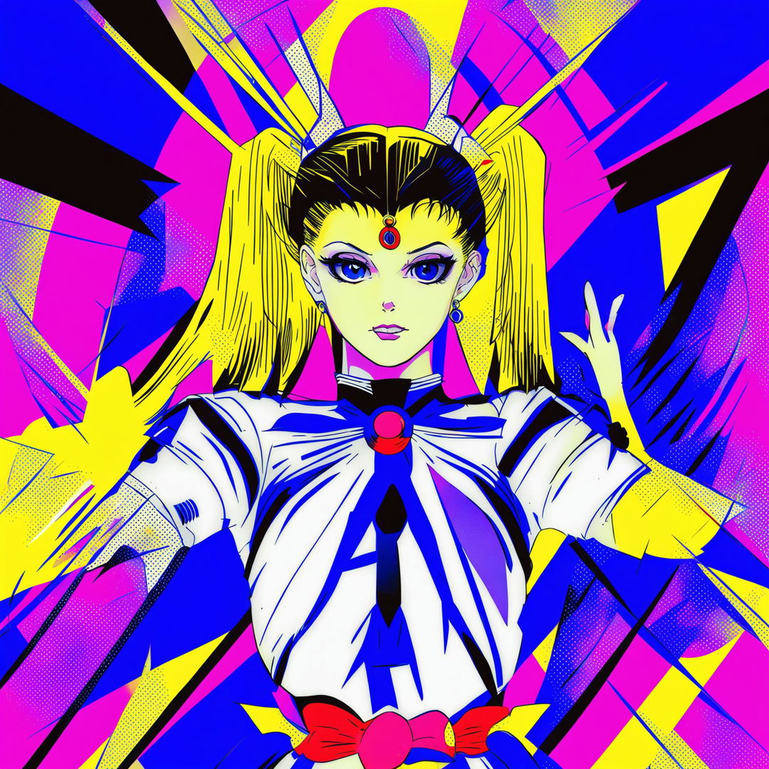 Pop art poster featuring Sailor Moon in vibrant colors against a geometrically patterned background with the title 'Sailor Moon' at the bottom.