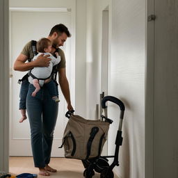 The idealized man, now engrossed in doing household chores, all while carrying a baby in a front pack