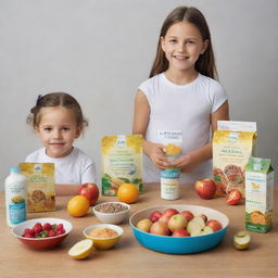 The launch of a new wellness product line for children, featuring a range of healthy foods, set in a back-to-school theme.