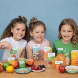 The launch of a new wellness product line for children, featuring a range of healthy foods, set in a back-to-school theme.