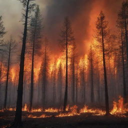 A striking scene of a wildfire raging through a forest, with vibrant and spellbinding display of flames and smoke rising into the dusky sky.