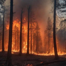 A striking scene of a wildfire raging through a forest, with vibrant and spellbinding display of flames and smoke rising into the dusky sky.