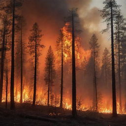 A striking scene of a wildfire raging through a forest, with vibrant and spellbinding display of flames and smoke rising into the dusky sky.