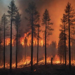 A striking scene of a wildfire raging through a forest, with vibrant and spellbinding display of flames and smoke rising into the dusky sky.