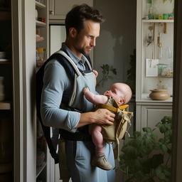 The idealized man, now engrossed in doing household chores, all while carrying a baby in a front pack