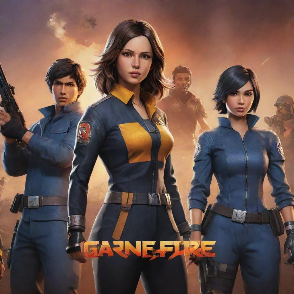 A detailed illustration of the popular mobile game, Garena Free Fire. Characters in specialized gear, against a backdrop of an expansive, competitive battleground.