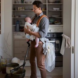 The idealized man, now engrossed in doing household chores, all while carrying a baby in a front pack