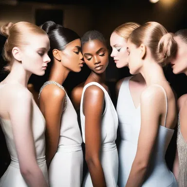 Models huddle together backstage before the fashion show starts.