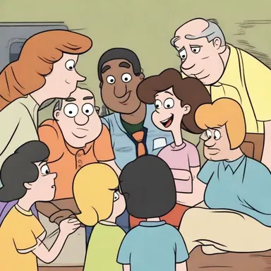 The characters in the cartoon huddle together to discuss their plan.