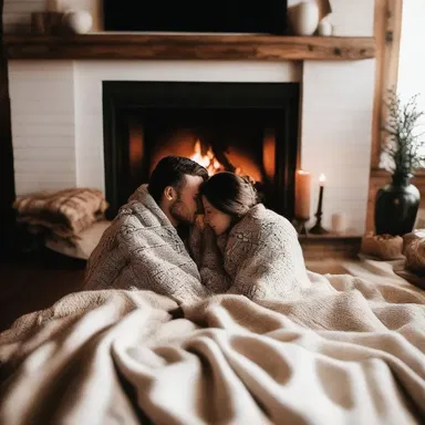 The couple huddles together under the warm blanket by the fireplace.