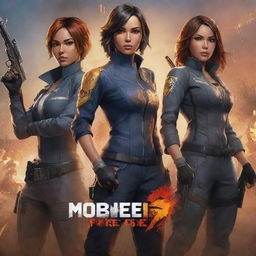 A detailed illustration of the popular mobile game, Garena Free Fire. Characters in specialized gear, against a backdrop of an expansive, competitive battleground.