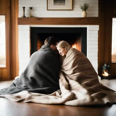 The couple huddles together under the warm blanket by the fireplace.