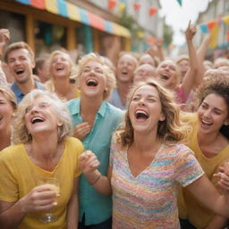 A scene of sheer joy and happiness, people laughing and celebrating, with bright, lively colors and a festive atmosphere.