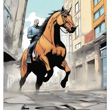 In the comic book, the protagonist battles with a horse-head that has come to life and is causing chaos in the city.