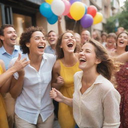 A scene of sheer joy and happiness, people laughing and celebrating, with bright, lively colors and a festive atmosphere.