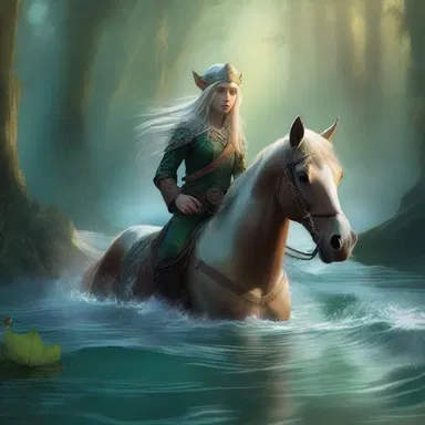 In the fantastical world of elves and magic, a group of adventurers encounters a mystical horse-head that guides them through treacherous waters.