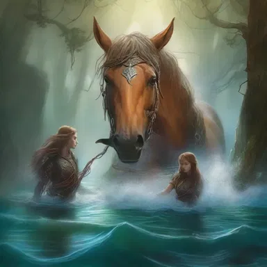 In the fantastical world of elves and magic, a group of adventurers encounters a mystical horse-head that guides them through treacherous waters.