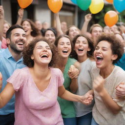 A scene of sheer joy and happiness, people laughing and celebrating, with bright, lively colors and a festive atmosphere.