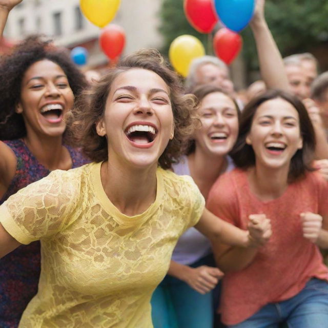 A scene of sheer joy and happiness, people laughing and celebrating, with bright, lively colors and a festive atmosphere.