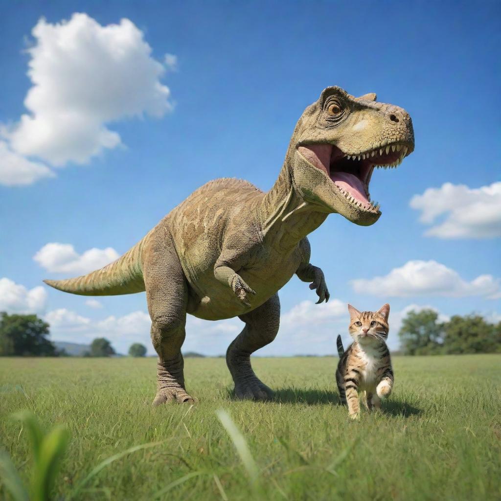 A dynamic scene with a friendly dinosaur running alongside a playful cat on a lush green field under a bright blue sky.