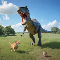 A dynamic scene with a friendly dinosaur running alongside a playful cat on a lush green field under a bright blue sky.